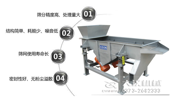 1016型直線(xiàn)振動(dòng)篩特點(diǎn)：1，篩分精度高，處理量大。2，結(jié)構(gòu)簡(jiǎn)單，耗能少，噪音低，3，篩網(wǎng)使用壽命長(zhǎng)，密封性好無(wú)粉塵溢散。