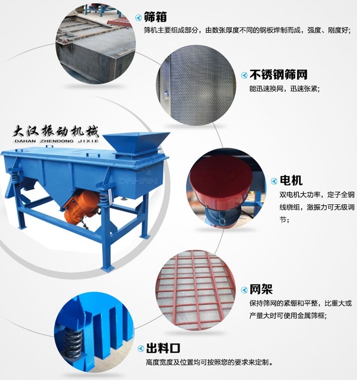 525型直線振動篩結構細節(jié)：篩箱：篩機主要組成部分，由數(shù)張厚度不同的鋼板焊制而成，強度，剛度好。不銹鋼篩網(wǎng)：能速換網(wǎng)，迅速張緊。電機：雙電機大功率，定子全銅線繞組，激振力可無級調(diào)節(jié)。網(wǎng)架：保持篩網(wǎng)的緊繃和平整，比重大或產(chǎn)量大時可使用金屬篩框。出料口：高度寬度及位置均可按照您的要求定制。