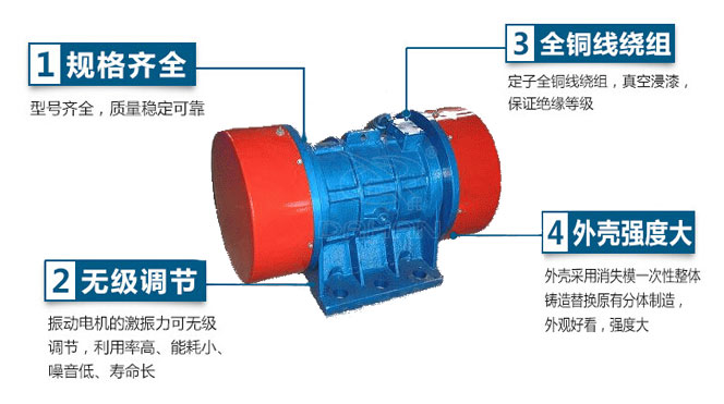 VB振動(dòng)電機(jī)特點(diǎn)：1，規(guī)格齊全：型號(hào)齊全，質(zhì)量穩(wěn)定可靠。2，無極調(diào)節(jié)：振動(dòng)電機(jī)的激振力可無極調(diào)節(jié)，利用率高，能耗小，噪音低，壽命長。4，外殼輕度大：外殼采用消失模一次性整體鑄造替換原有分體制造，外觀好看，強(qiáng)度大。