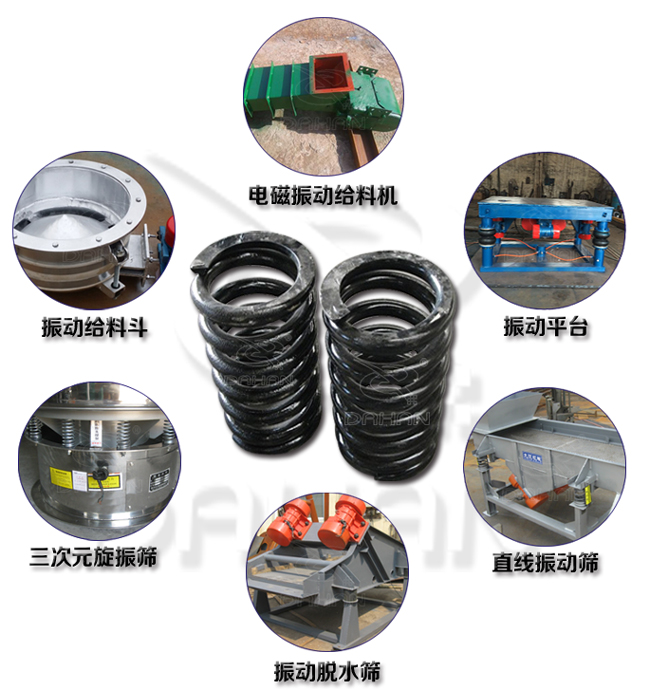 旋振篩減震彈簧適用產(chǎn)品：振動(dòng)給料機(jī)，電磁振動(dòng)給料機(jī)，振動(dòng)平臺(tái)，直線振動(dòng)篩，振動(dòng)脫水篩，三次元旋振篩。