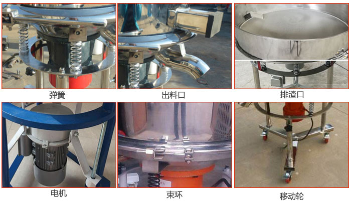 高頻振動篩結(jié)構(gòu)：電機，彈簧，出料口，排渣口，快拆束環(huán)等。