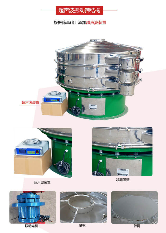 圓篩機內(nèi)部結(jié)構(gòu)：主要由振動電機、篩框、篩網(wǎng)、超聲波系統(tǒng)、減震彈簧等展示圖